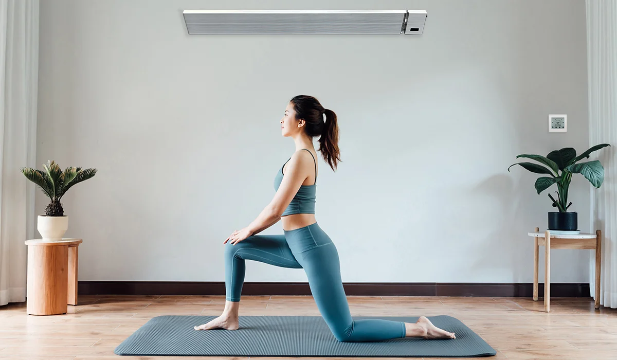 Home hot yoga studio with white infrared heater and smart in line thermostat