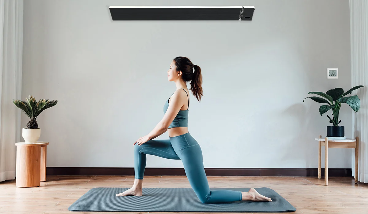 Home hot yoga studio with black infrared heater and smart in line thermostat
